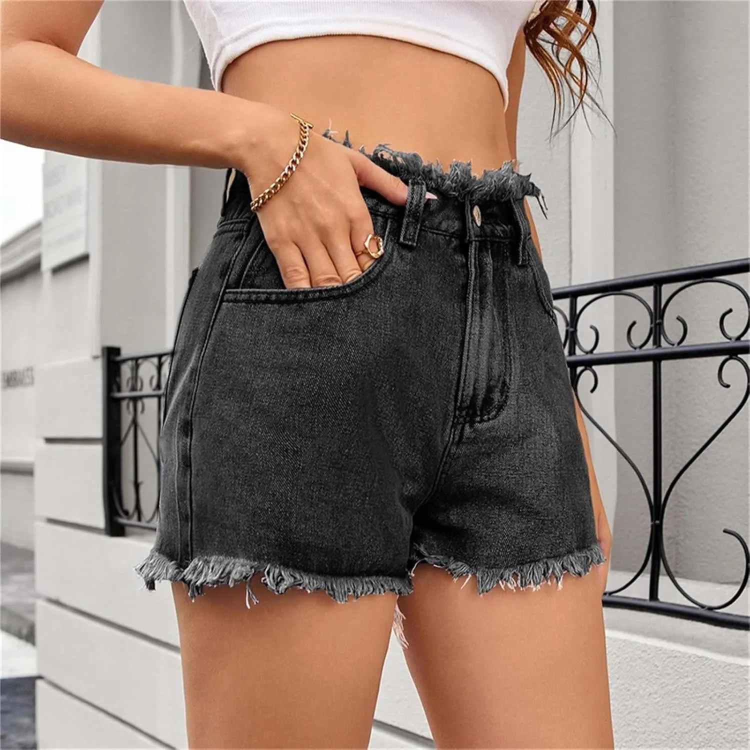 HGps8w Women's Raw Hem Rippe High Waisted Jean Shorts Trendy Casual 2025 Summer Stretchy Distressed Denim Shorts with Pockets