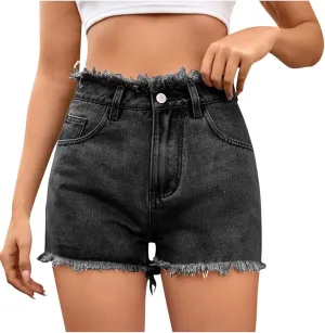 HGps8w Women's Raw Hem Rippe High Waisted Jean Shorts Trendy Casual 2025 Summer Stretchy Distressed Denim Shorts with Pockets