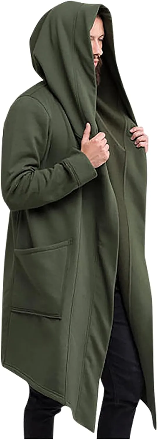 hhaappyy Men's Mid-Length Street Fashion Steampunk Cape Cloak with Hood Long Sleeve Fleece Cardigan Trench Coat with Pockets