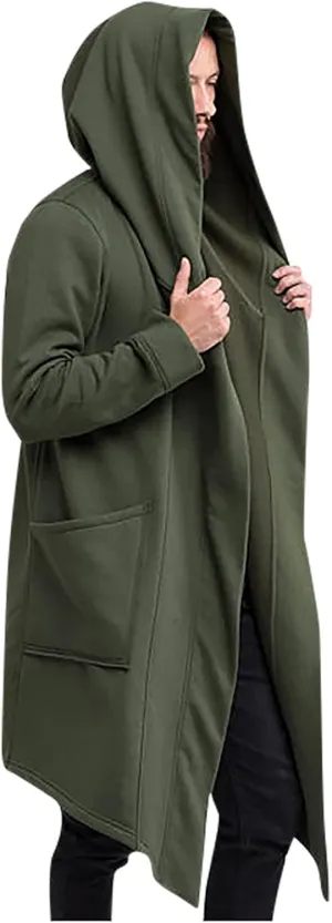 hhaappyy Men's Mid-Length Street Fashion Steampunk Cape Cloak with Hood Long Sleeve Fleece Cardigan Trench Coat with Pockets
