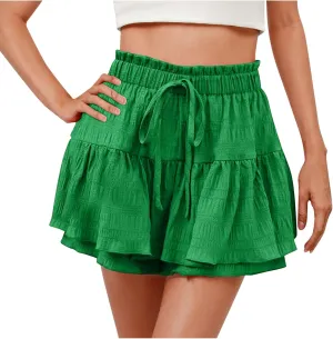 hlysgo Flowy Shorts for Women Casual Boho Ruffle Tiered Skorts High Waisted Drawstring Mini Skirts Tennis Comfy Shorts 2025