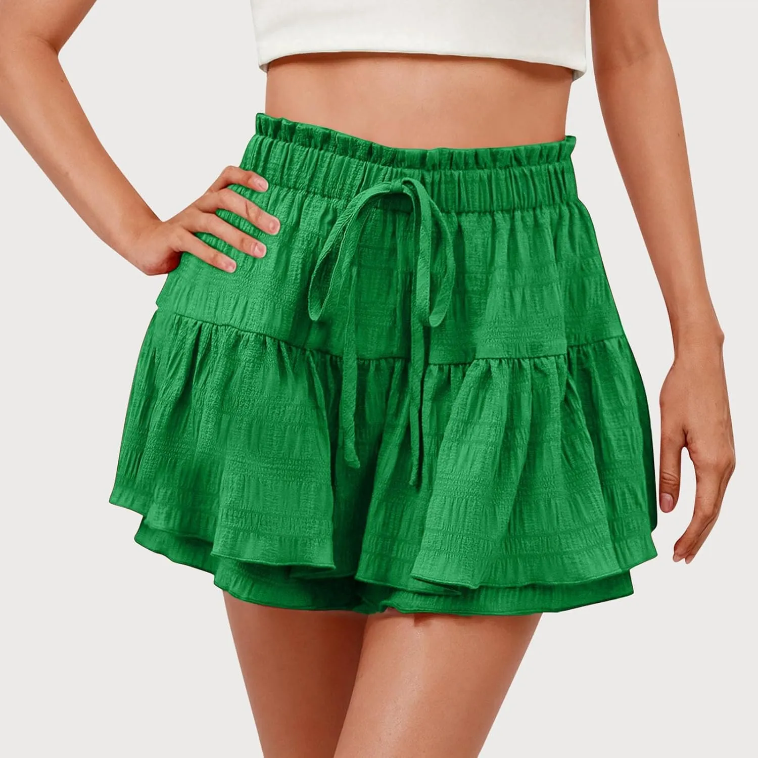 hlysgo Flowy Shorts for Women Casual Boho Ruffle Tiered Skorts High Waisted Drawstring Mini Skirts Tennis Comfy Shorts 2025