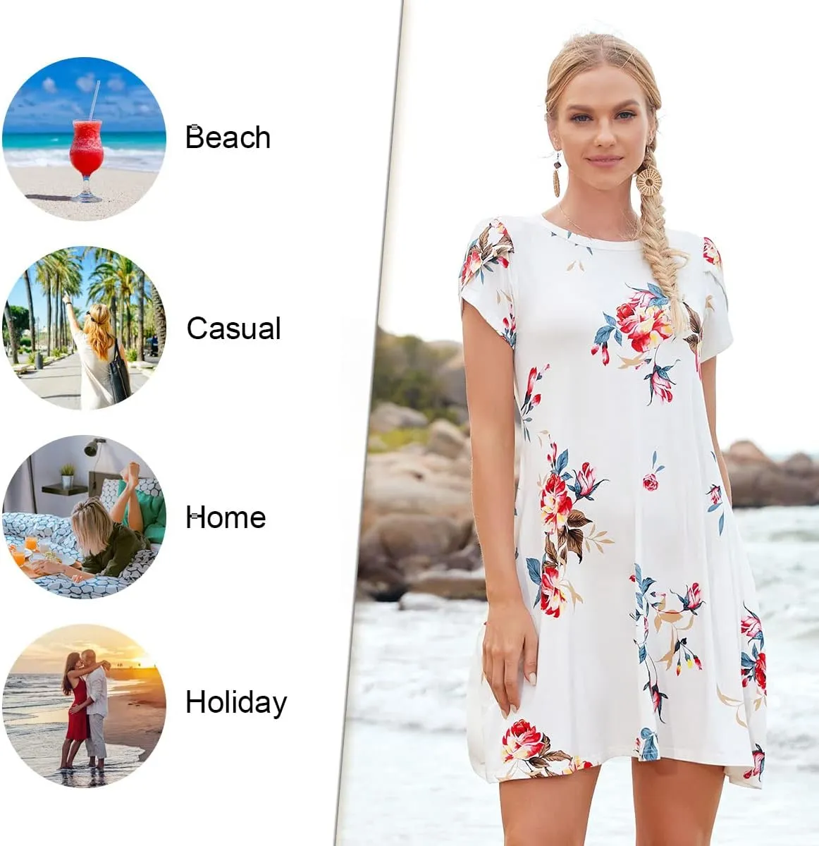 HOTGIFT 2025 Womens Dress Summer Short Sleeve Crewneck Sundress with Pockets M-4XL