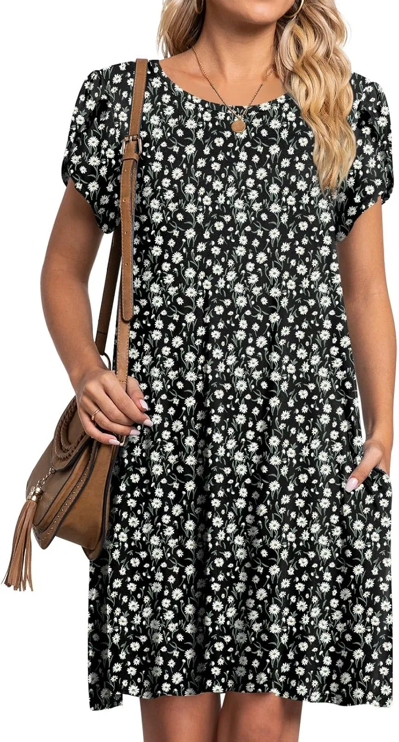 HOTGIFT 2025 Womens Dress Summer Short Sleeve Crewneck Sundress with Pockets M-4XL
