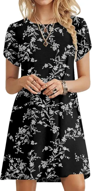 HOTGIFT 2025 Womens Dress Summer Short Sleeve Crewneck Sundress with Pockets M-4XL