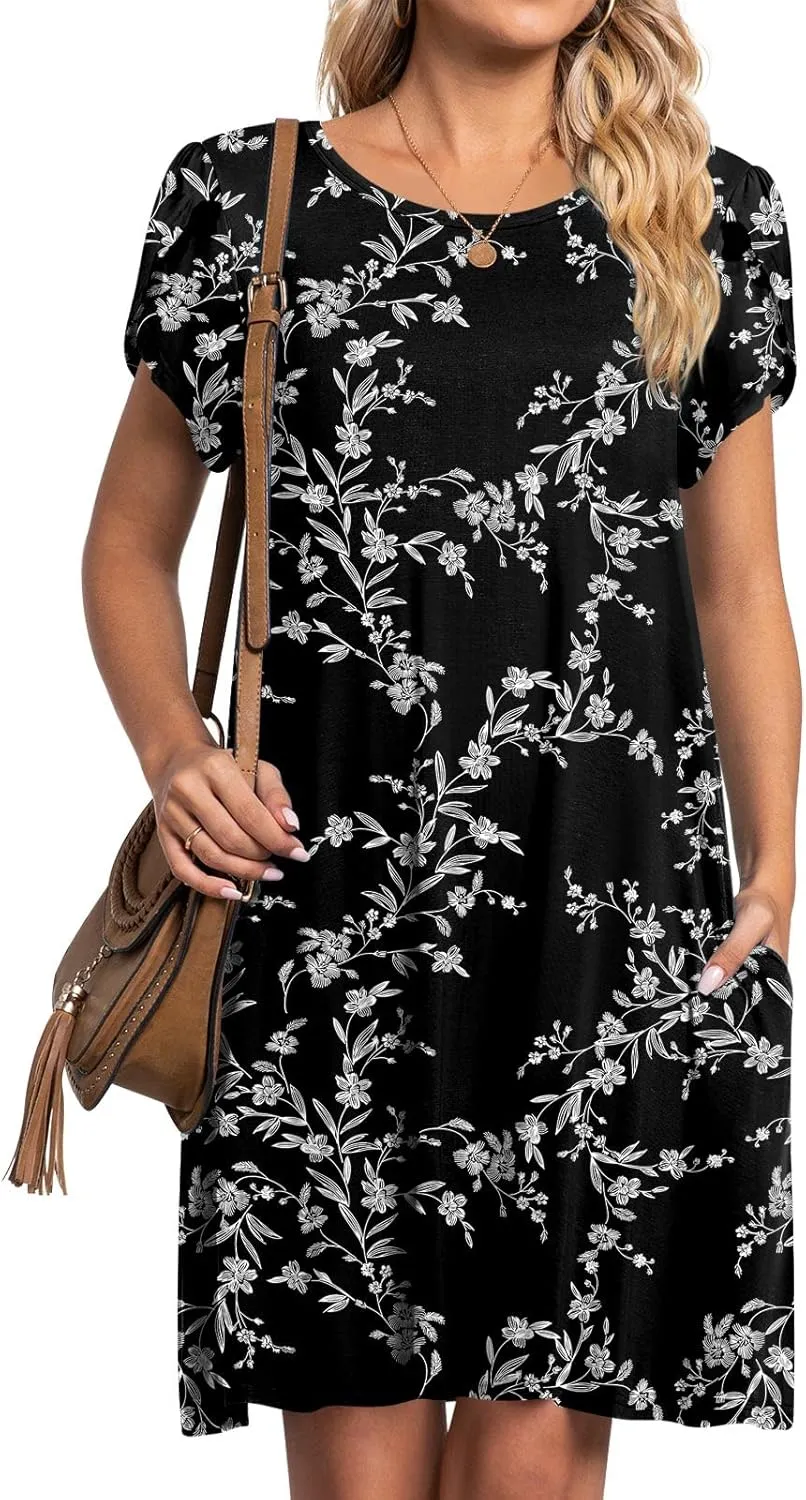 HOTGIFT 2025 Womens Dress Summer Short Sleeve Crewneck Sundress with Pockets M-4XL