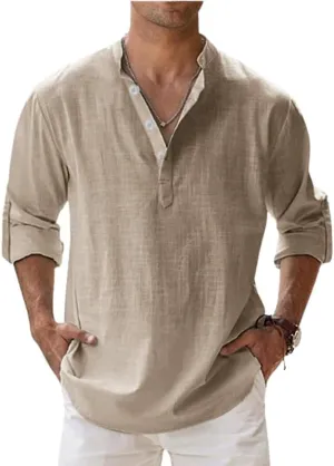 HOTYD Men's Casual Henley Shirt Long Sleeve Stand Collar Shirts Loose Fit Solid Color Cotton Linen Beach Tops