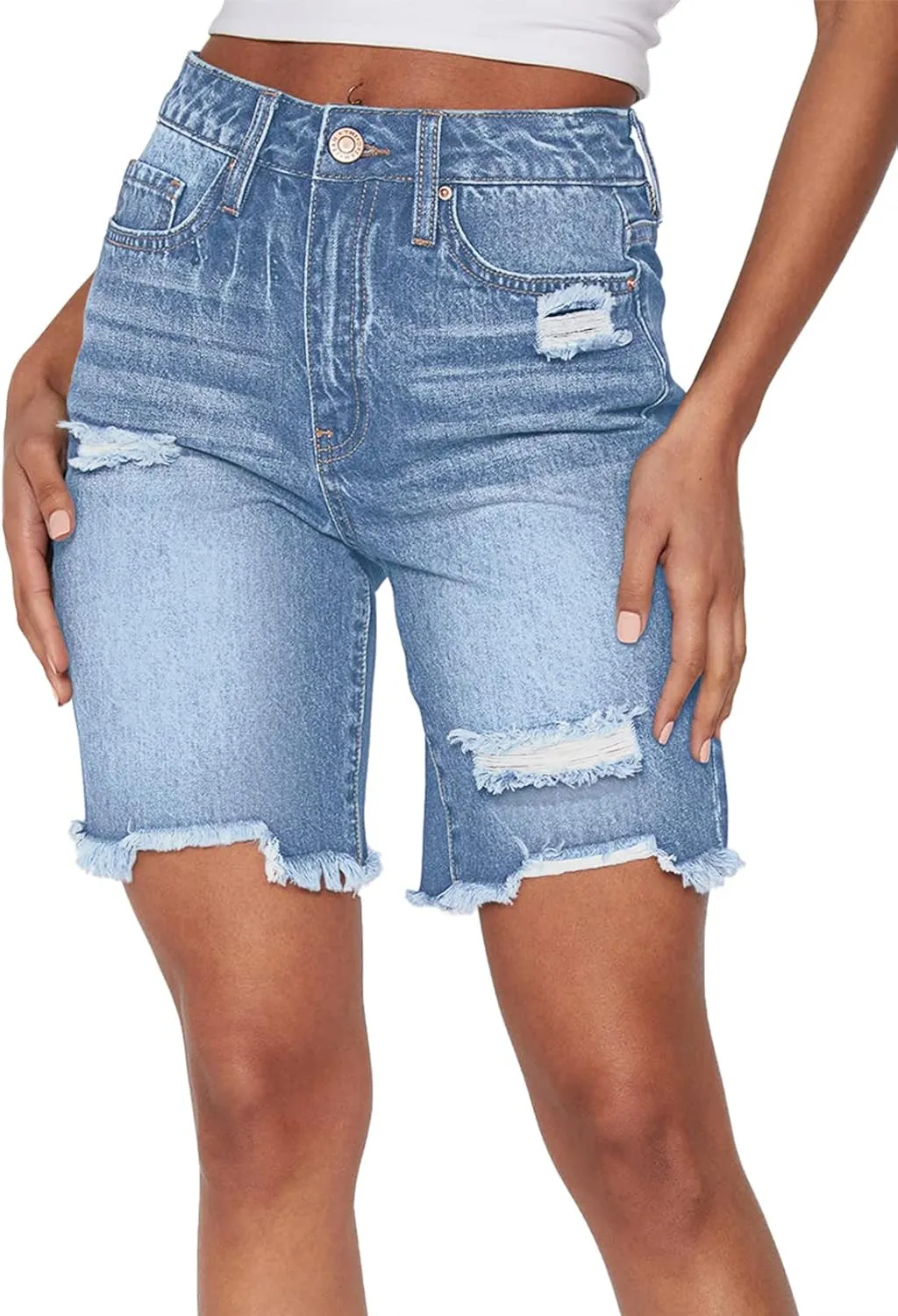 HUUSA Women's High Waist Ripped Denim Shorts Frayed Hem Destroyed Mid Thigh Short Jeans Casual Bermuda Shorts with Pocket