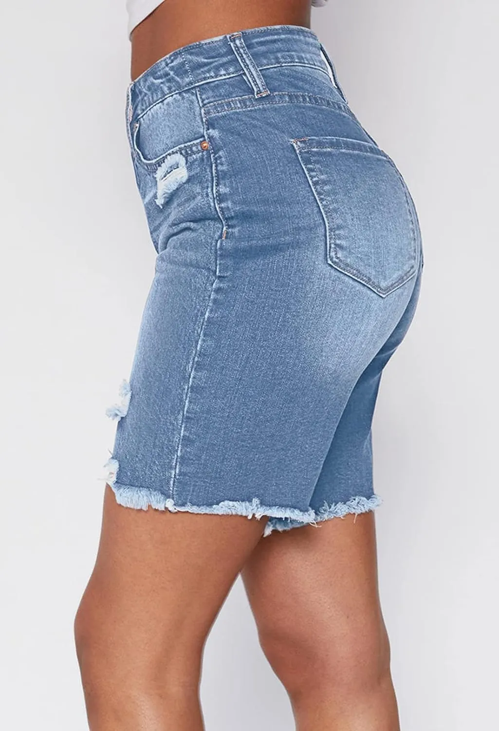 HUUSA Women's High Waist Ripped Denim Shorts Frayed Hem Destroyed Mid Thigh Short Jeans Casual Bermuda Shorts with Pocket