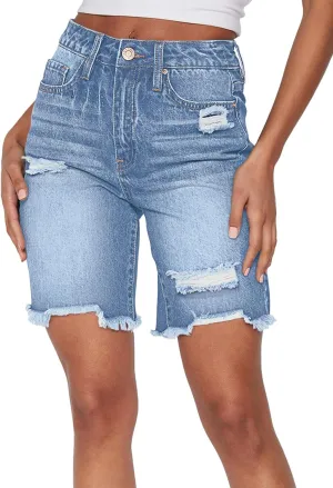HUUSA Women's High Waist Ripped Denim Shorts Frayed Hem Destroyed Mid Thigh Short Jeans Casual Bermuda Shorts with Pocket