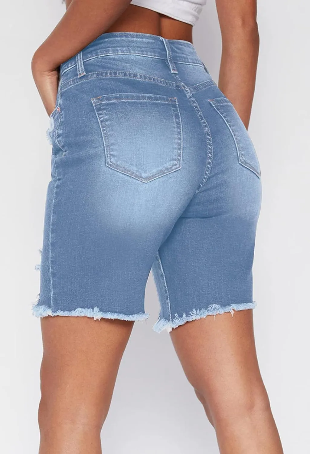 HUUSA Women's High Waist Ripped Denim Shorts Frayed Hem Destroyed Mid Thigh Short Jeans Casual Bermuda Shorts with Pocket