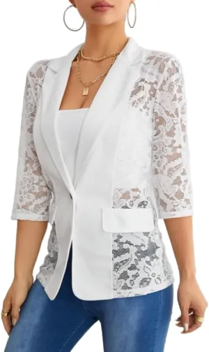 IDEALSANXUN Lace Blazer Jackets for Women Spring Summer Suit 3/4 Sleeve Casual Mesh Button Down Blazers