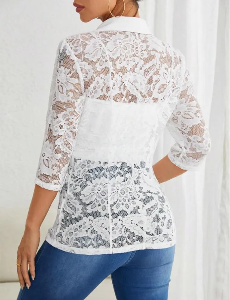 IDEALSANXUN Lace Blazer Jackets for Women Spring Summer Suit 3/4 Sleeve Casual Mesh Button Down Blazers