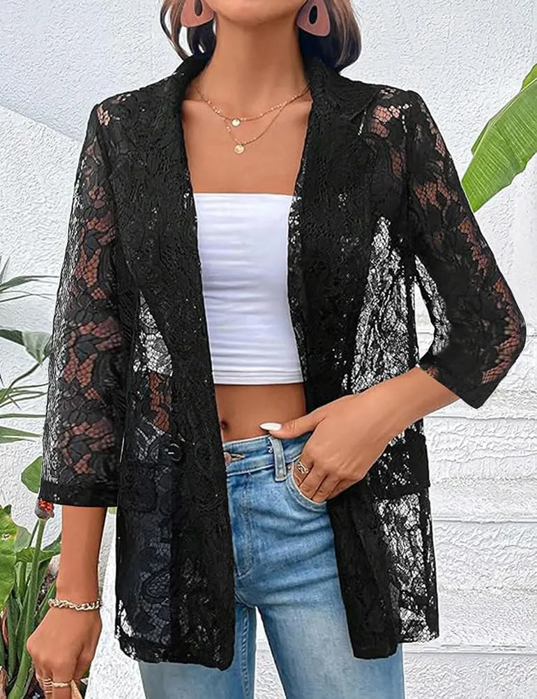 IDEALSANXUN Lace Blazer Jackets for Women Spring Summer Suit 3/4 Sleeve Casual Mesh Button Down Blazers