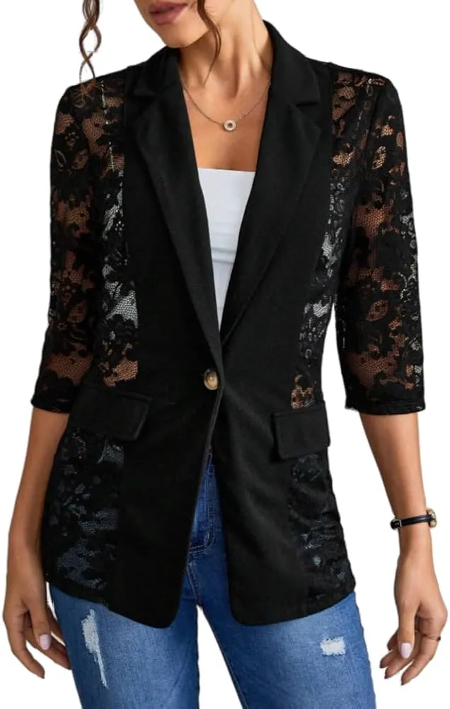 IDEALSANXUN Lace Blazer Jackets for Women Spring Summer Suit 3/4 Sleeve Casual Mesh Button Down Blazers