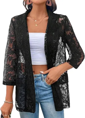 IDEALSANXUN Lace Blazer Jackets for Women Spring Summer Suit 3/4 Sleeve Casual Mesh Button Down Blazers