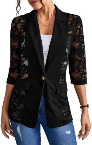 IDEALSANXUN Lace Blazer Jackets for Women Spring Summer Suit 3/4 Sleeve Casual Mesh Button Down Blazers