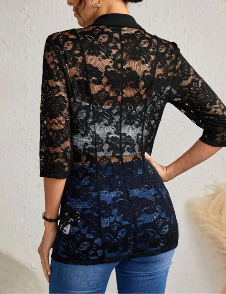 IDEALSANXUN Lace Blazer Jackets for Women Spring Summer Suit 3/4 Sleeve Casual Mesh Button Down Blazers