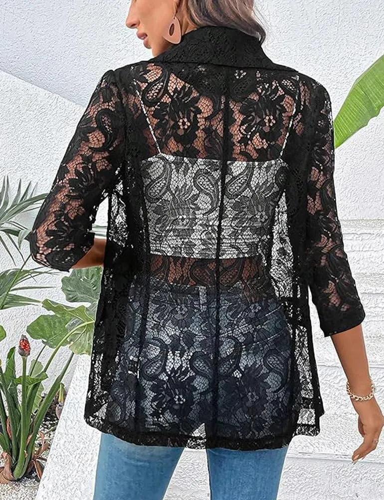 IDEALSANXUN Lace Blazer Jackets for Women Spring Summer Suit 3/4 Sleeve Casual Mesh Button Down Blazers