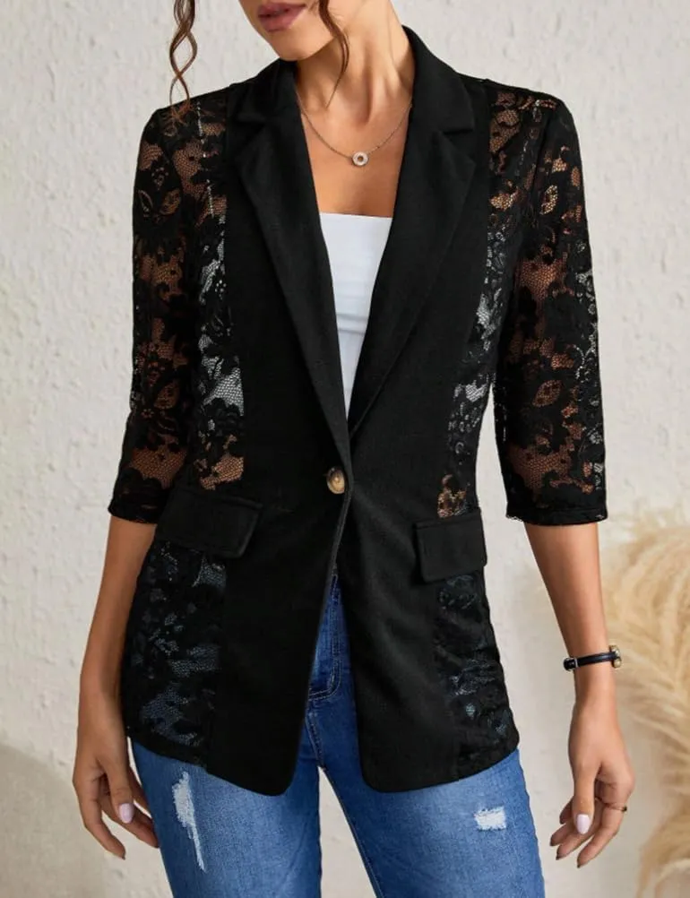 IDEALSANXUN Lace Blazer Jackets for Women Spring Summer Suit 3/4 Sleeve Casual Mesh Button Down Blazers