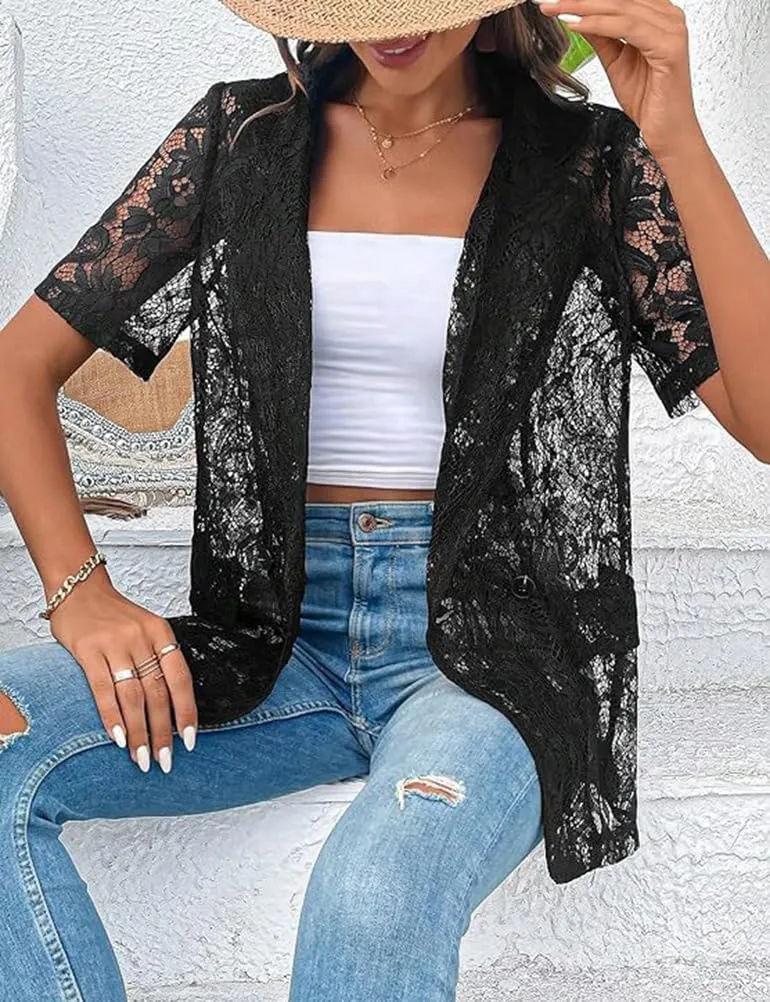 IDEALSANXUN Lace Blazer Jackets for Women Spring Summer Suit 3/4 Sleeve Casual Mesh Button Down Blazers