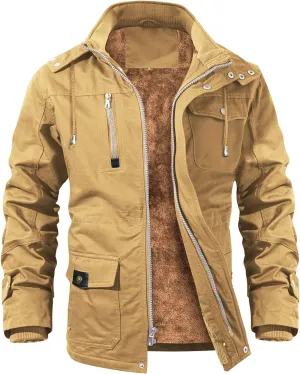 INVACHI Men's Winter Jacket Cotton Military Jackets Fleece Lined Thick Work Coats Warm Cargo Jackets with Hooded Pockets