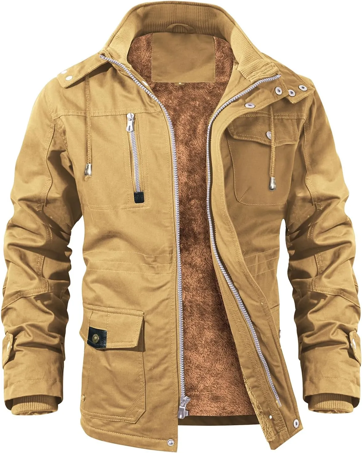 INVACHI Men's Winter Jacket Cotton Military Jackets Fleece Lined Thick Work Coats Warm Cargo Jackets with Hooded Pockets