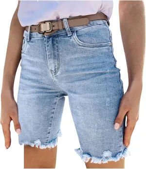 Jean Shorts for Women 2025 Trendy High Waisted Stretchy Denim Summer Casual Raw Hem Mom Long Shorts Cutoff Pants