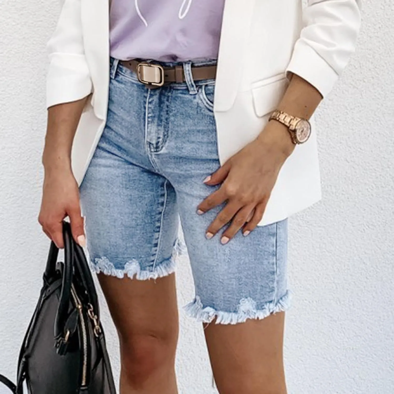 Jean Shorts for Women 2025 Trendy High Waisted Stretchy Denim Summer Casual Raw Hem Mom Long Shorts Cutoff Pants