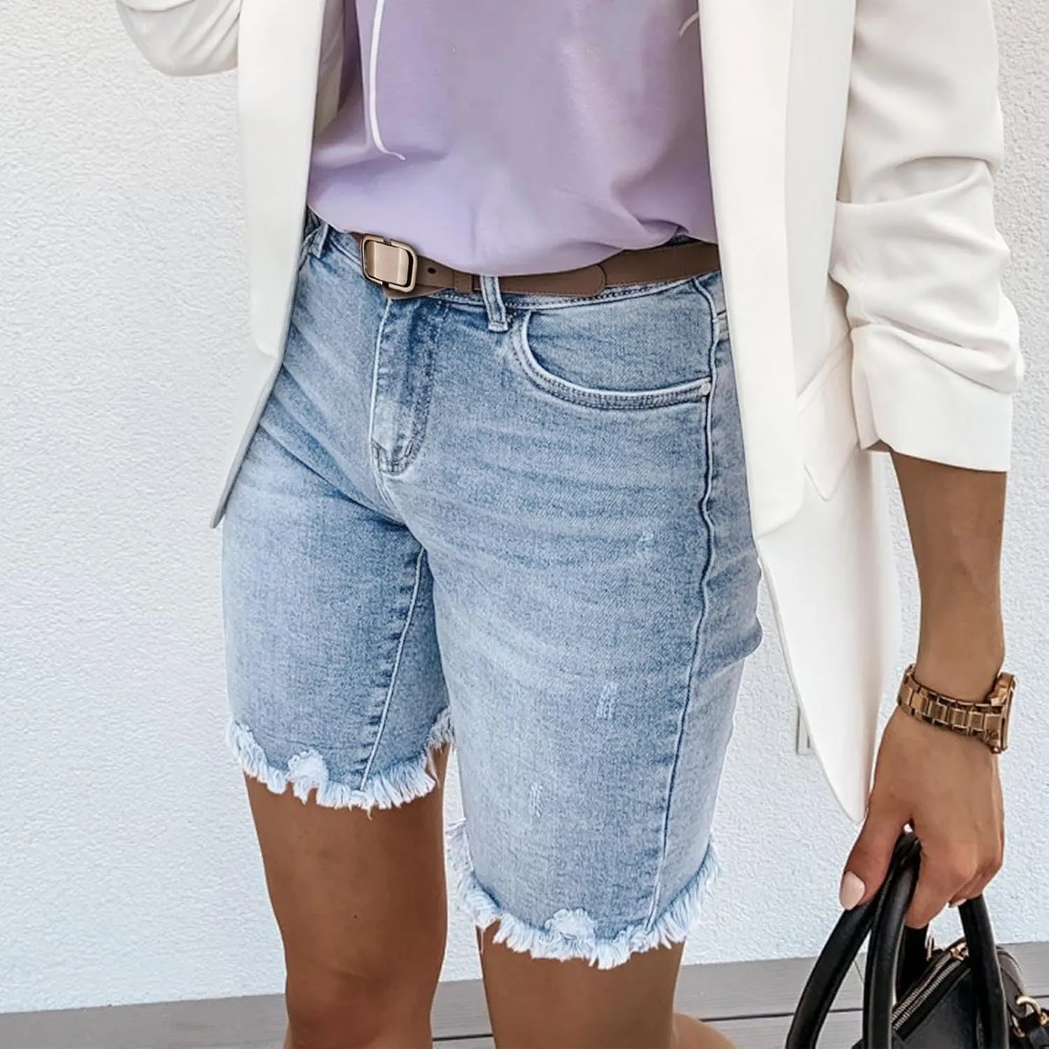 Jean Shorts for Women 2025 Trendy High Waisted Stretchy Denim Summer Casual Raw Hem Mom Long Shorts Cutoff Pants