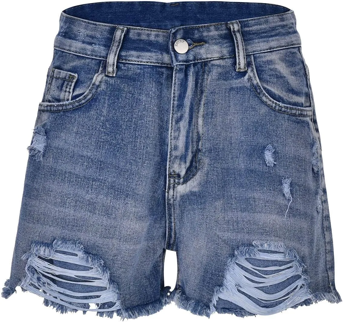 Jeans Shorts For Women Trendy Mid Rise Ripped Denim Shorts Summer Stretch Distressed Frayed Raw Hem Hot Short Jeans