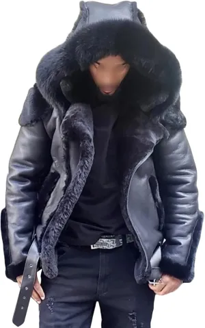 JEsilunmaMY Men's Fur Hoodie Sherpa Leather Jacket Fleece Lined Belt Warm Winter Coat Heavyweight Thicken Motorcycle Outwear
