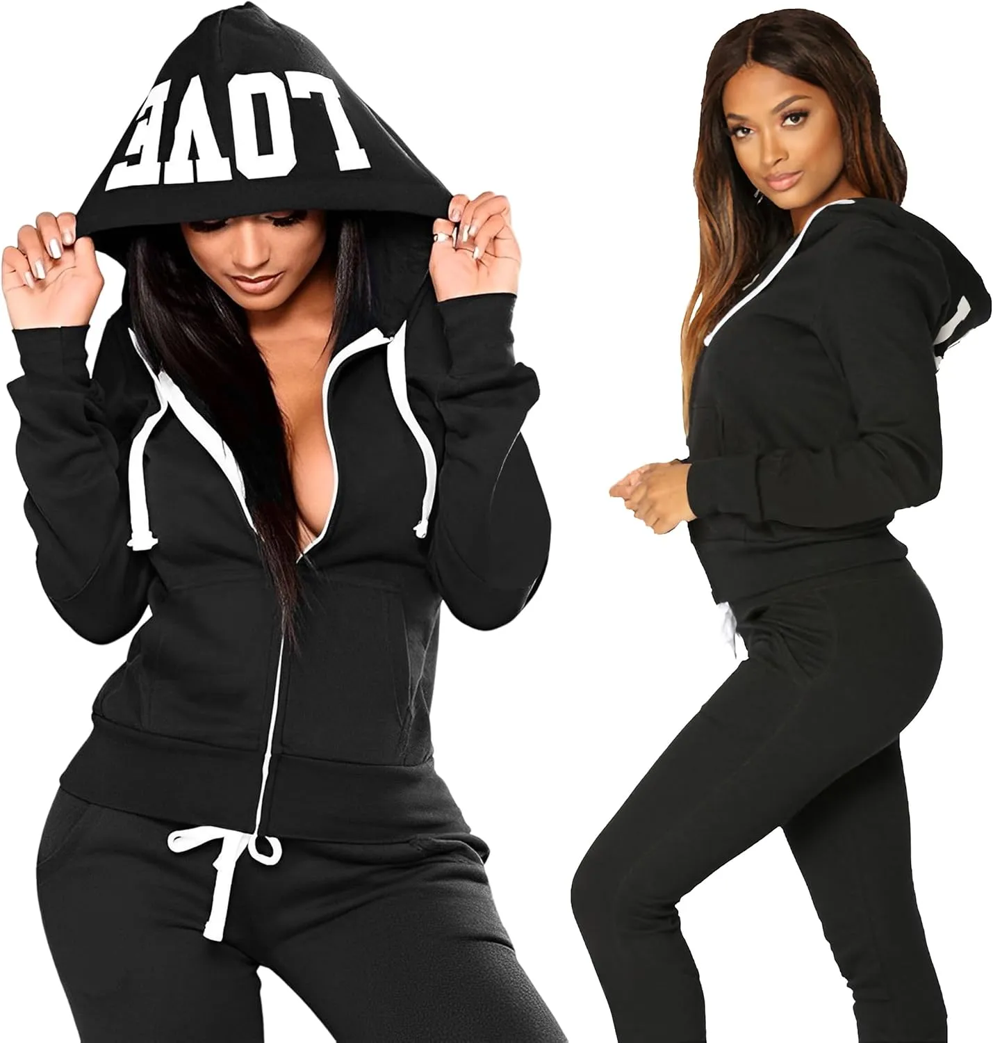JIHUILAI Two Piece Tracksuit For Women Long Sleeve Stripe Zipper Jacket With Sweatpants Jogger Hoodie Sweatsuit Workout Set