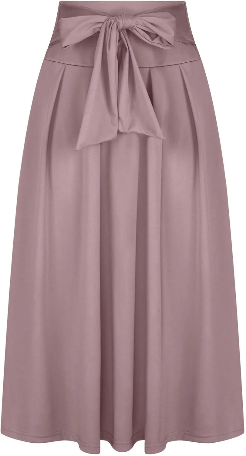 JOAU Women Casual Maxi Skirts Self Bowknot Front Elastic High Waisted Flowy Swing A-Line Lightweight Pleated Long Skirt
