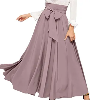 JOAU Women Casual Maxi Skirts Self Bowknot Front Elastic High Waisted Flowy Swing A-Line Lightweight Pleated Long Skirt