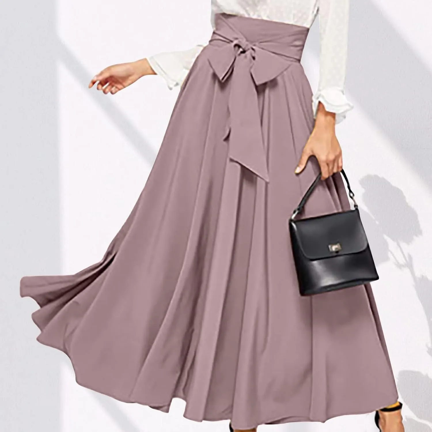 JOAU Women Casual Maxi Skirts Self Bowknot Front Elastic High Waisted Flowy Swing A-Line Lightweight Pleated Long Skirt