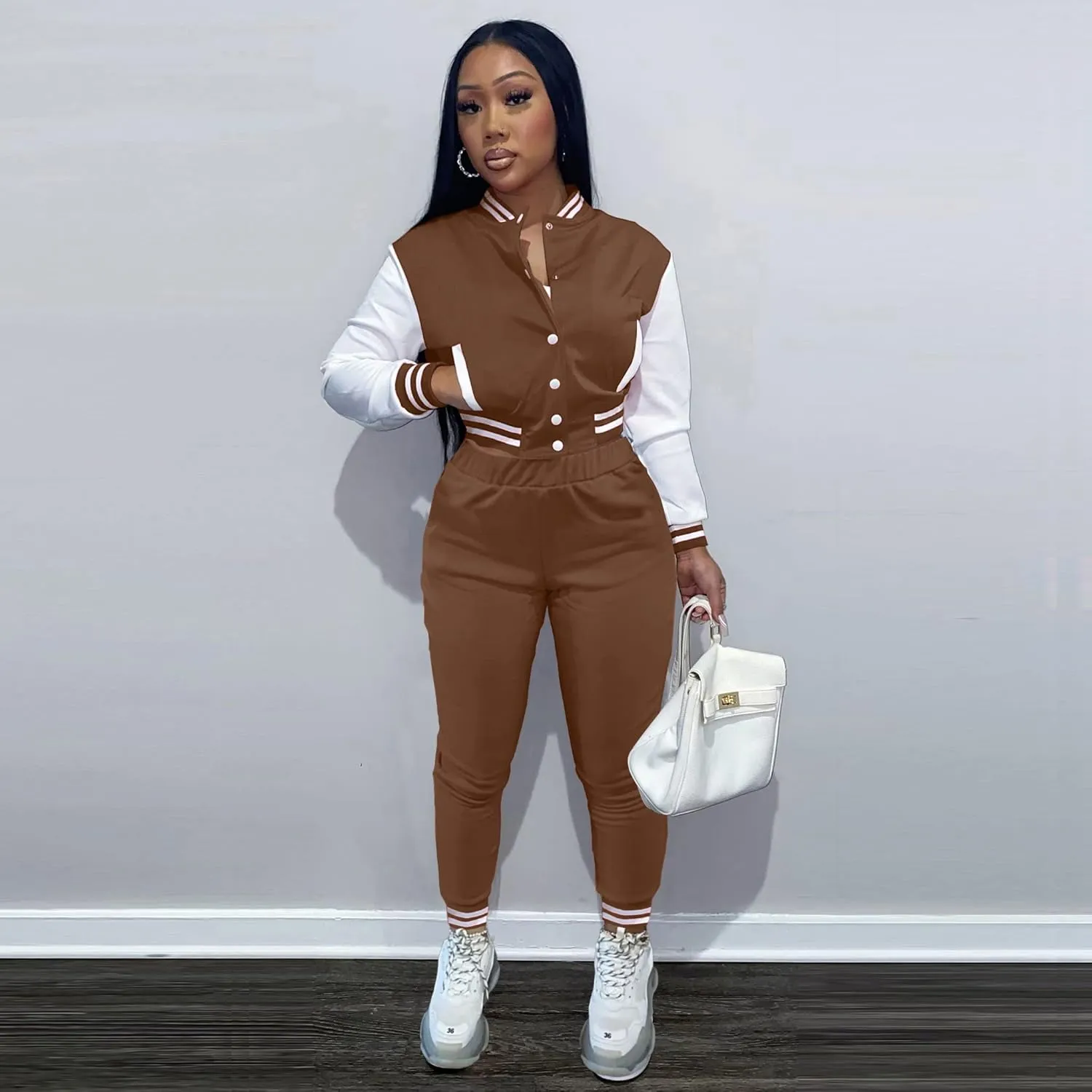 KELOVEPAN Sweatsuits for Women Set 2 Piece Patchwork Tracksuits Button Down Crop Bomber Varsity Jacket Pants Set Sexy