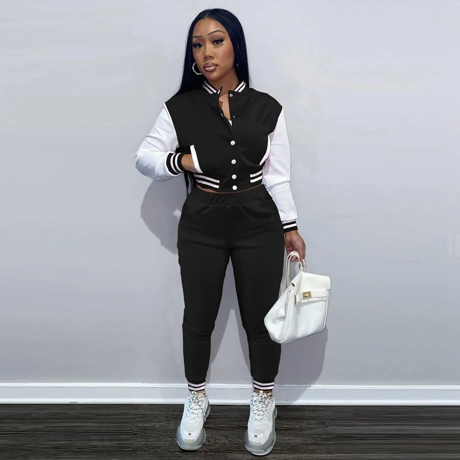 KELOVEPAN Sweatsuits for Women Set 2 Piece Patchwork Tracksuits Button Down Crop Bomber Varsity Jacket Pants Set Sexy