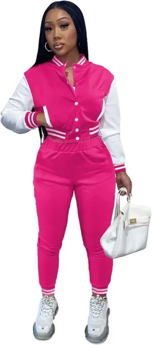 KELOVEPAN Sweatsuits for Women Set 2 Piece Patchwork Tracksuits Button Down Crop Bomber Varsity Jacket Pants Set Sexy