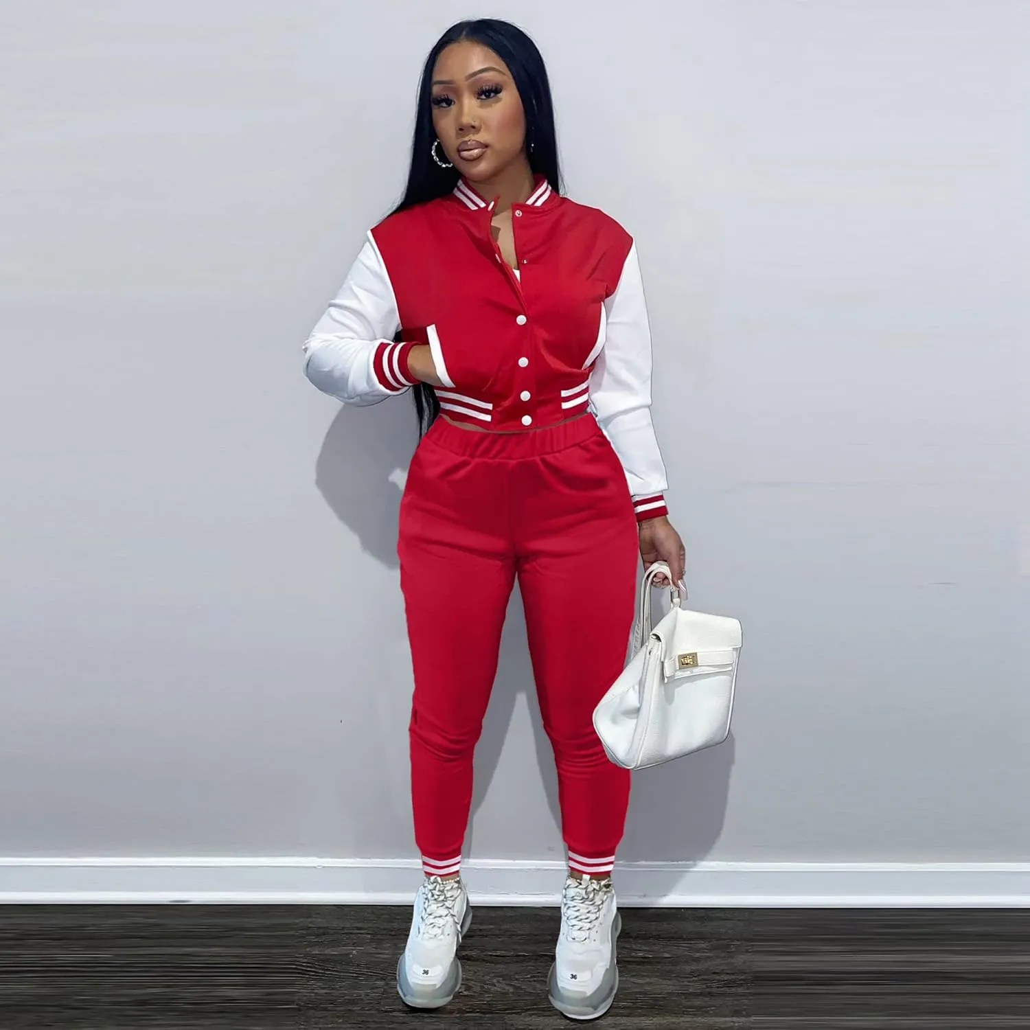 KELOVEPAN Sweatsuits for Women Set 2 Piece Patchwork Tracksuits Button Down Crop Bomber Varsity Jacket Pants Set Sexy
