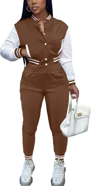 KELOVEPAN Sweatsuits for Women Set 2 Piece Patchwork Tracksuits Button Down Crop Bomber Varsity Jacket Pants Set Sexy