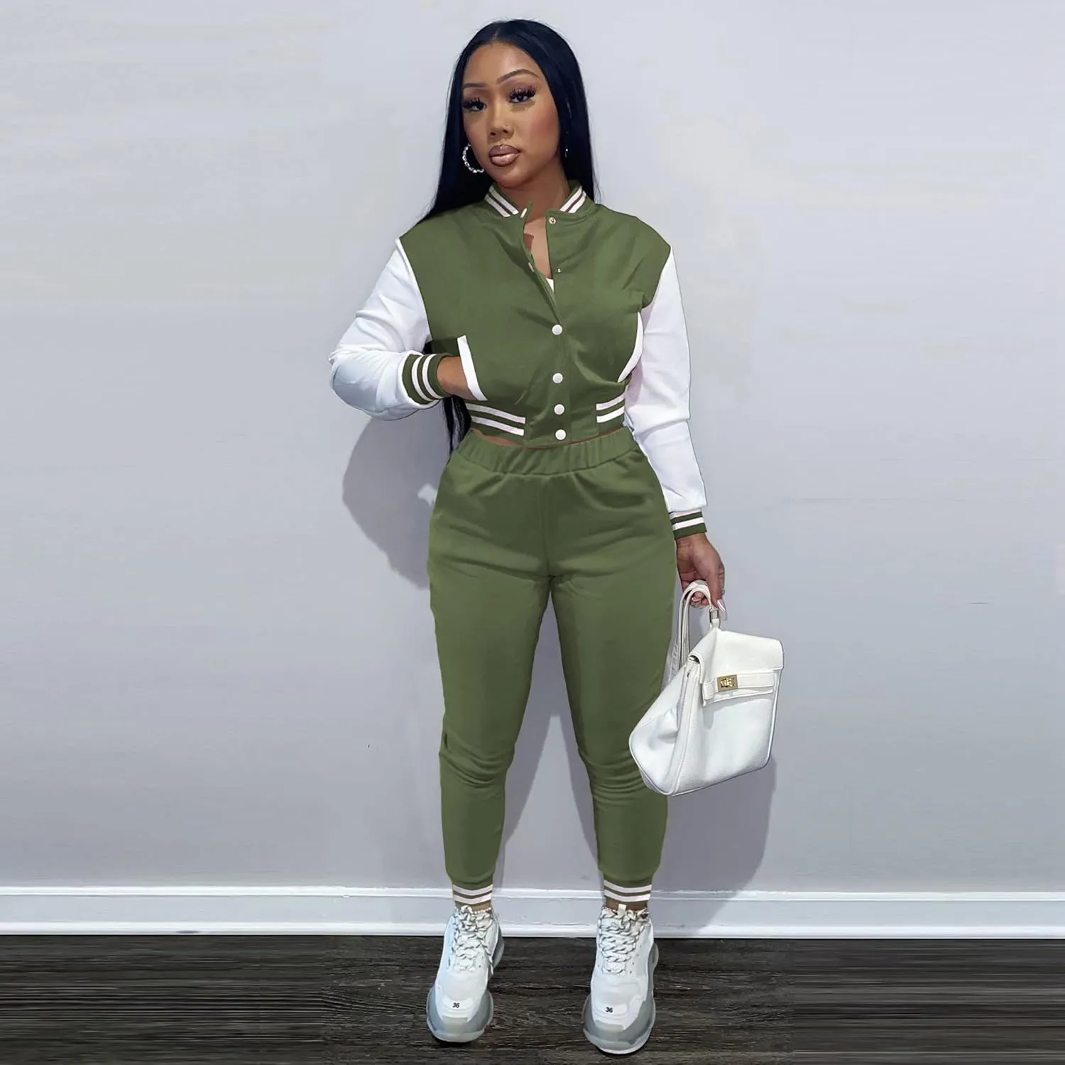 KELOVEPAN Sweatsuits for Women Set 2 Piece Patchwork Tracksuits Button Down Crop Bomber Varsity Jacket Pants Set Sexy