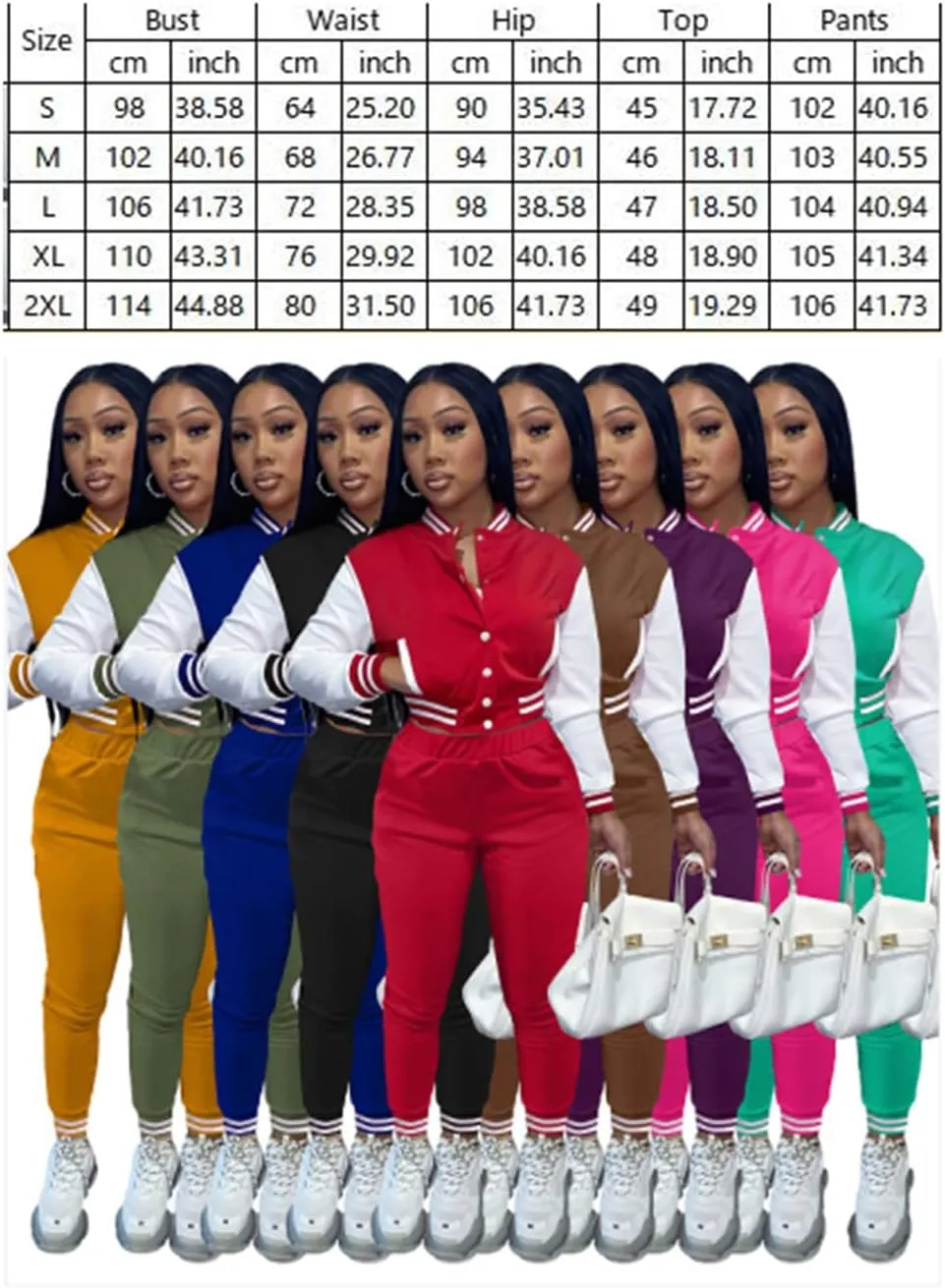 KELOVEPAN Sweatsuits for Women Set 2 Piece Patchwork Tracksuits Button Down Crop Bomber Varsity Jacket Pants Set Sexy
