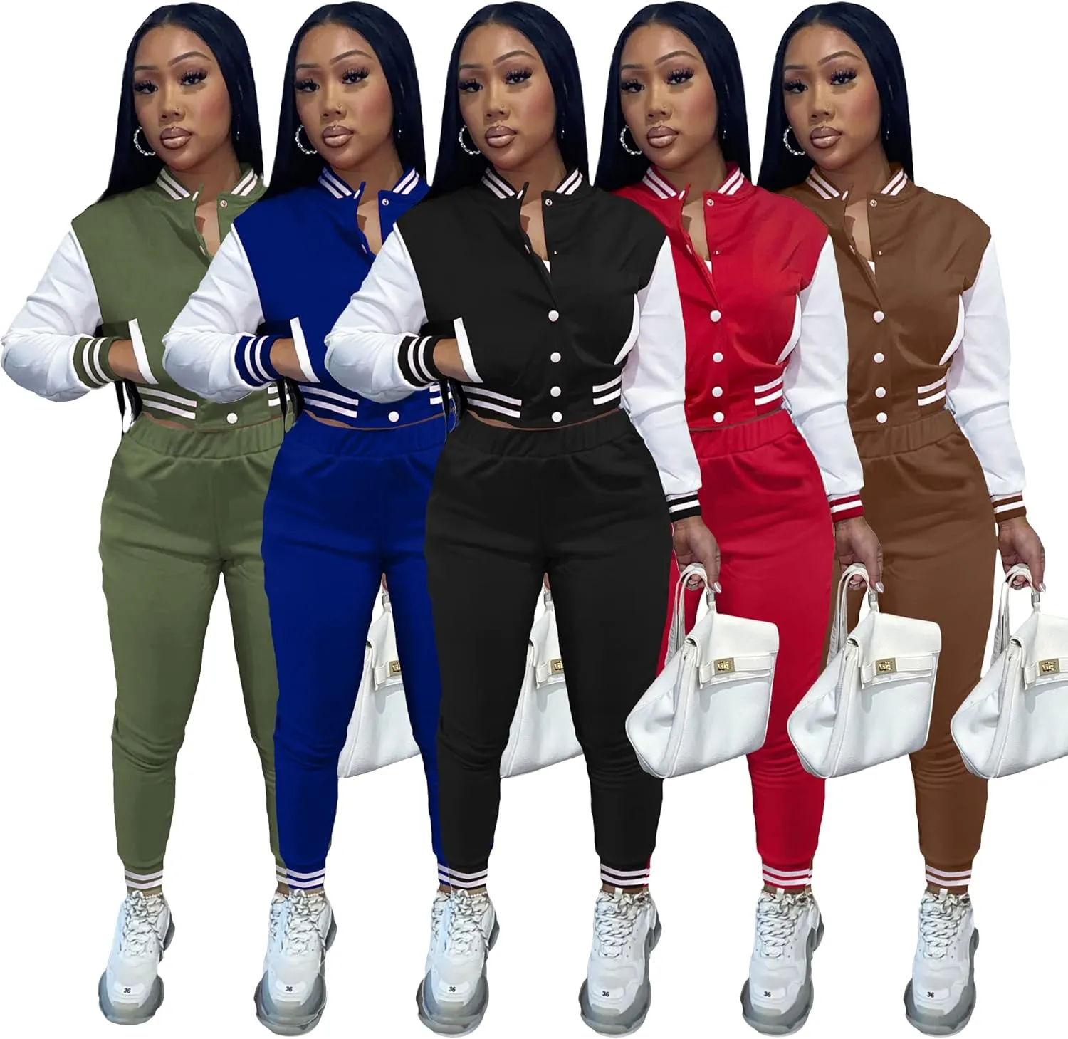KELOVEPAN Sweatsuits for Women Set 2 Piece Patchwork Tracksuits Button Down Crop Bomber Varsity Jacket Pants Set Sexy
