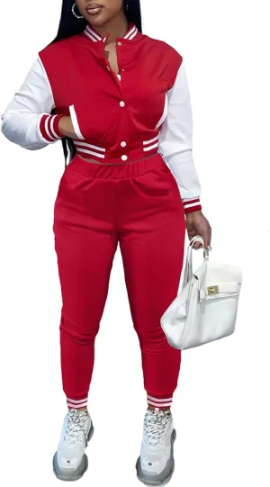 KELOVEPAN Sweatsuits for Women Set 2 Piece Patchwork Tracksuits Button Down Crop Bomber Varsity Jacket Pants Set Sexy