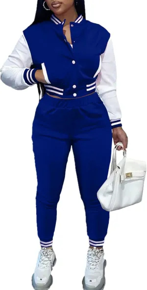 KELOVEPAN Sweatsuits for Women Set 2 Piece Patchwork Tracksuits Button Down Crop Bomber Varsity Jacket Pants Set Sexy