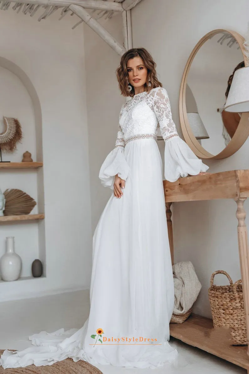 Keyhole Back Long Sleeves Bohemian Wedding Dress