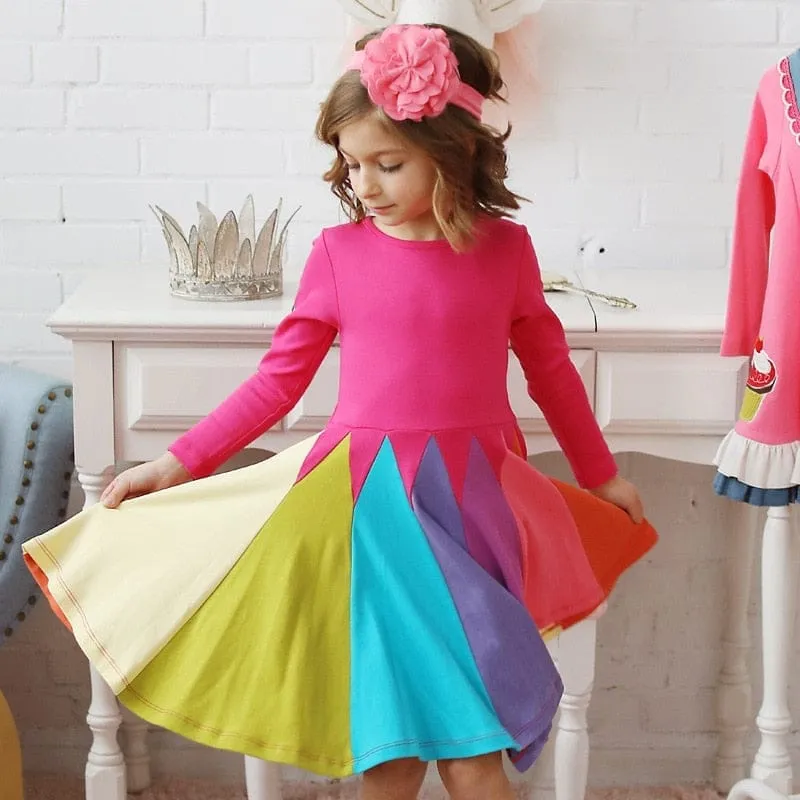 Kids Long Sleeve Rainbow Color kids clothes Fashion Princess Dresses
