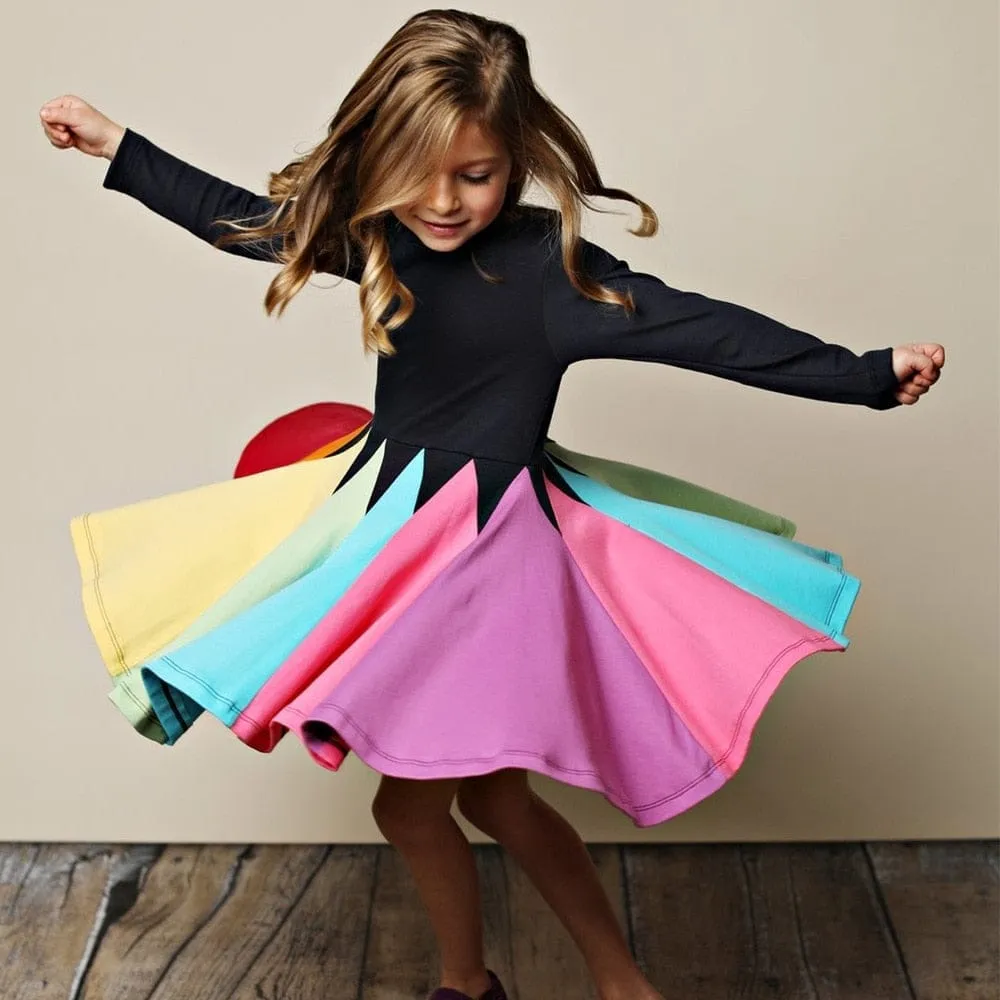 Kids Long Sleeve Rainbow Color kids clothes Fashion Princess Dresses