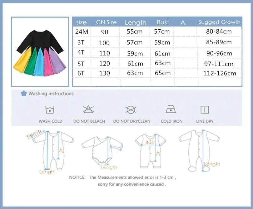 Kids Long Sleeve Rainbow Color kids clothes Fashion Princess Dresses